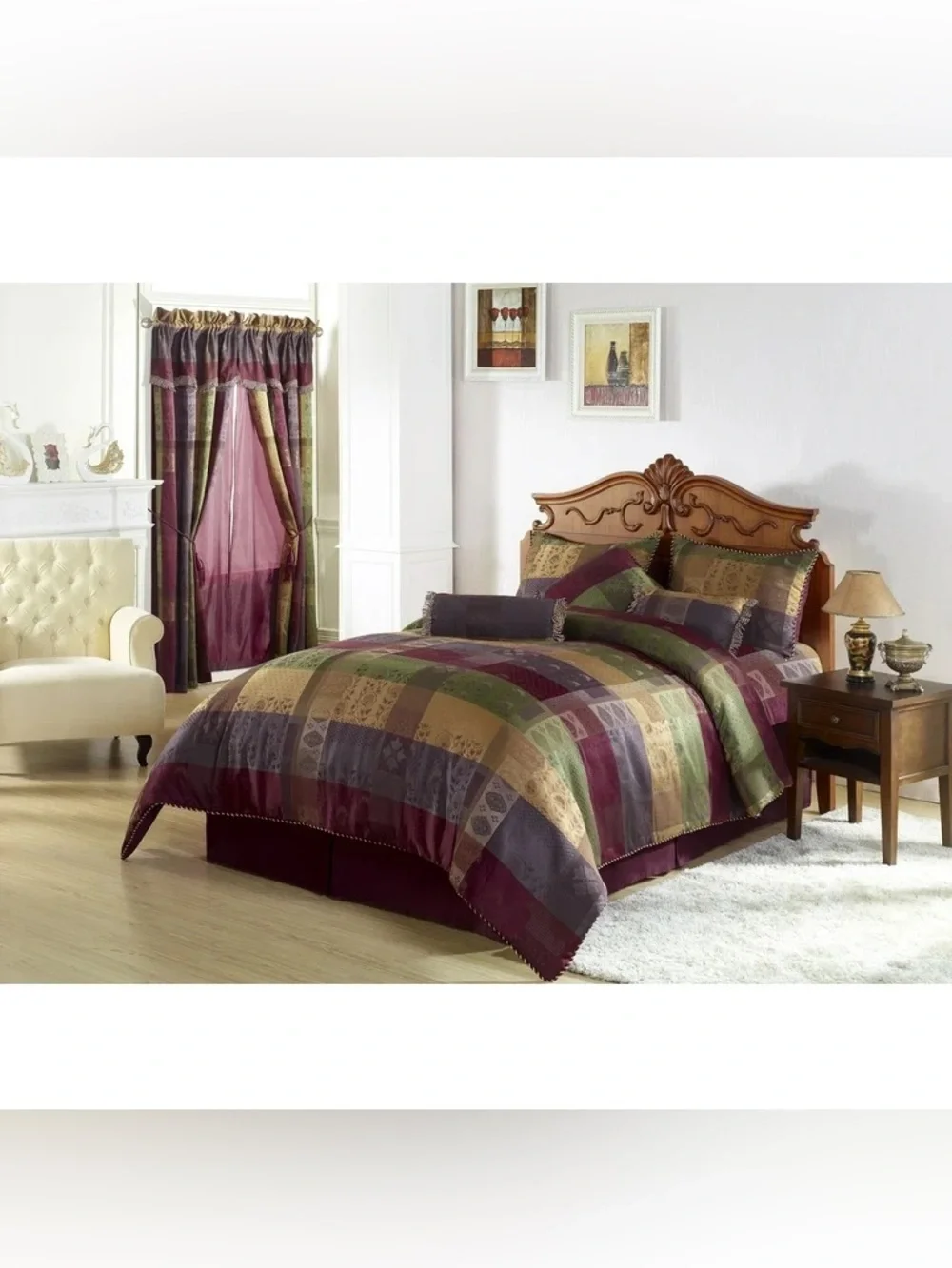 Luxury Patchwork King 3 piece Comforter Set - Plum, Olive, Gold, Gray